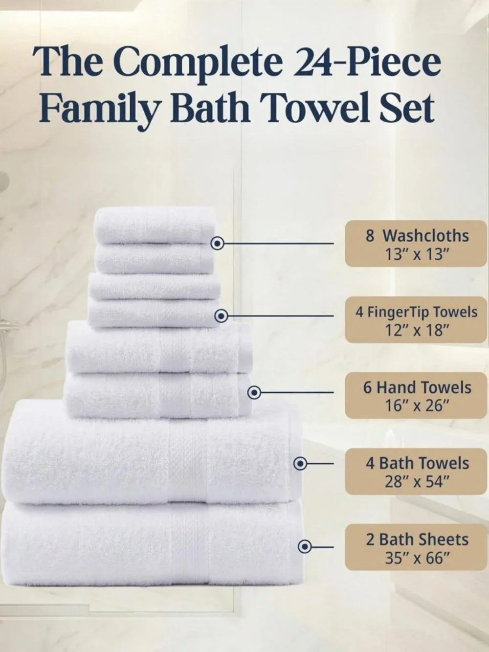 Soft Absorbent 100% Cotton Bath Towel Set - 24 Piece Luxury Linen Collection